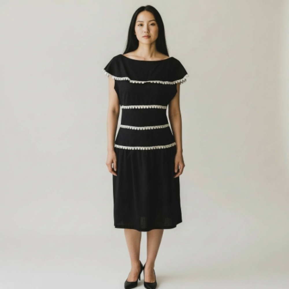 VTG Black Dress Tiered Layered Ruffles White Trim NWT Classic Old Money Sz M
